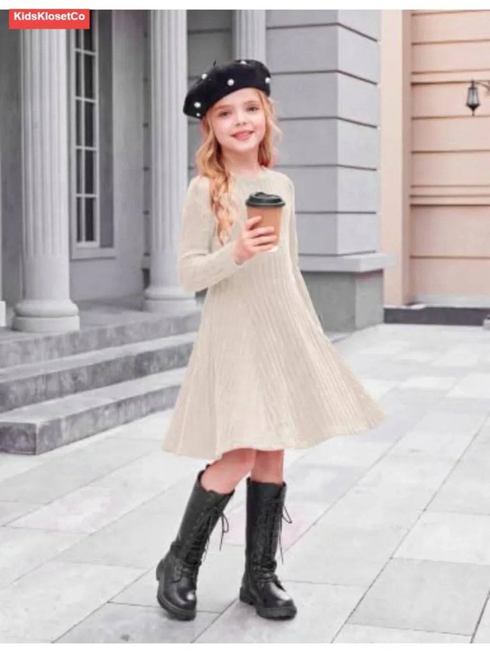 Girls Sweater Dress Ribbed Knit Long Sleeve Casual A-Line Fall Winter